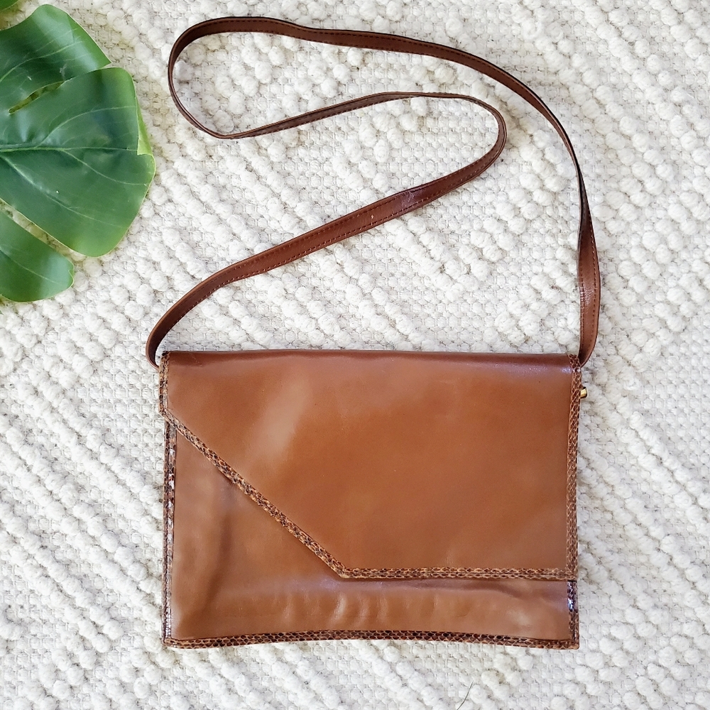 Vintage Leather & Snakeskin Envelope Style Shoulder Bag Convertible Clutch
